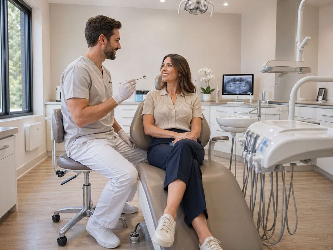 En tandläkare som samtalar med en kvinnlig patient i en modern tandläkarklinik.